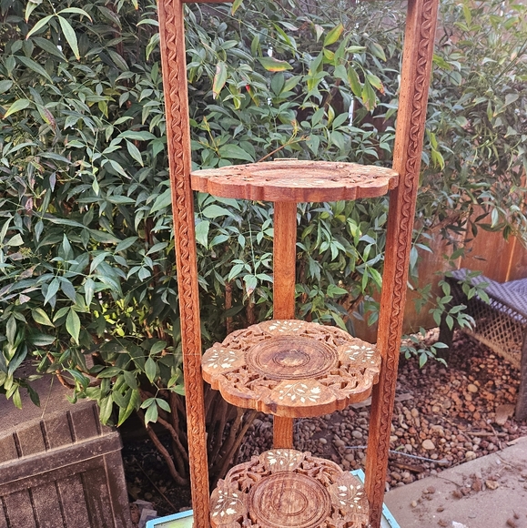 Vintage Hand Carved Wood Inlaid Plate/Cake Shelf Stand From India - Picture 3 of 13